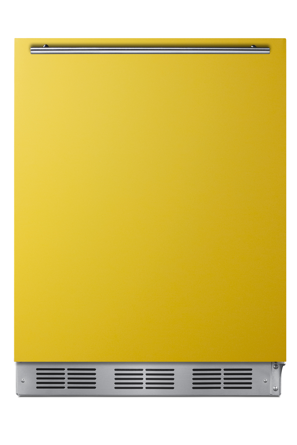 24 in. wide ADA height all-refrigerator for residential use, auto defrost with a saffron gold door, stainless steel handle, and white cabinet